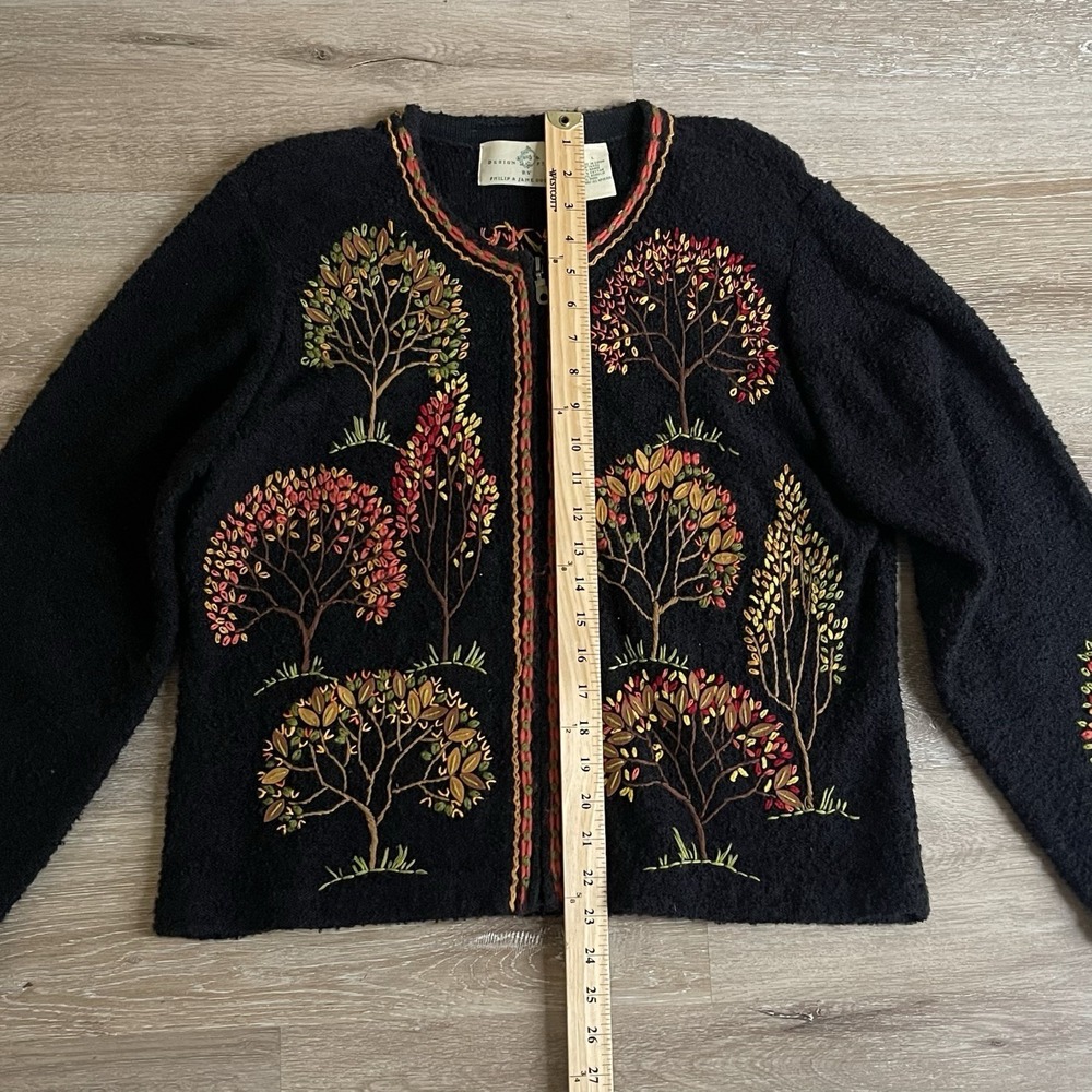 Design Options Large Tree Sweater Zip-Up Cardigan Sweater Felt Fall Embroidered - Picture 2 of 8
